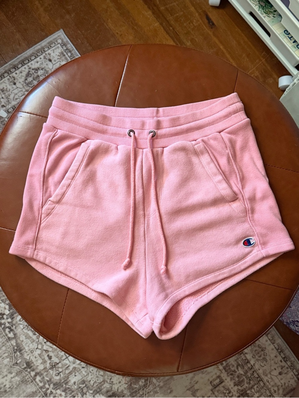 Champion Pink Sweat Shorts with Embroidered Logo on Back